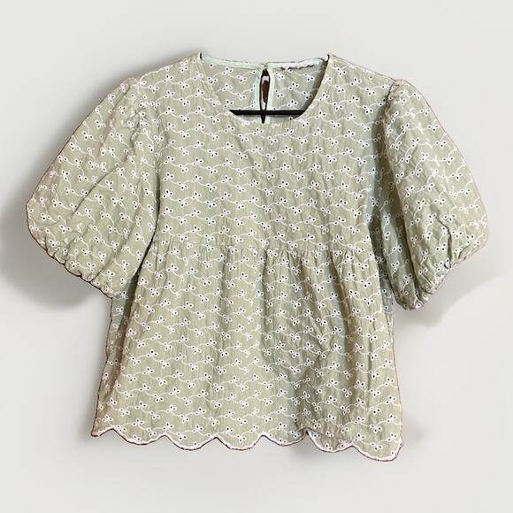 THML Tops - THML Sage Green Eyelet Peplum Blouse Size Medium Puff Sleeve